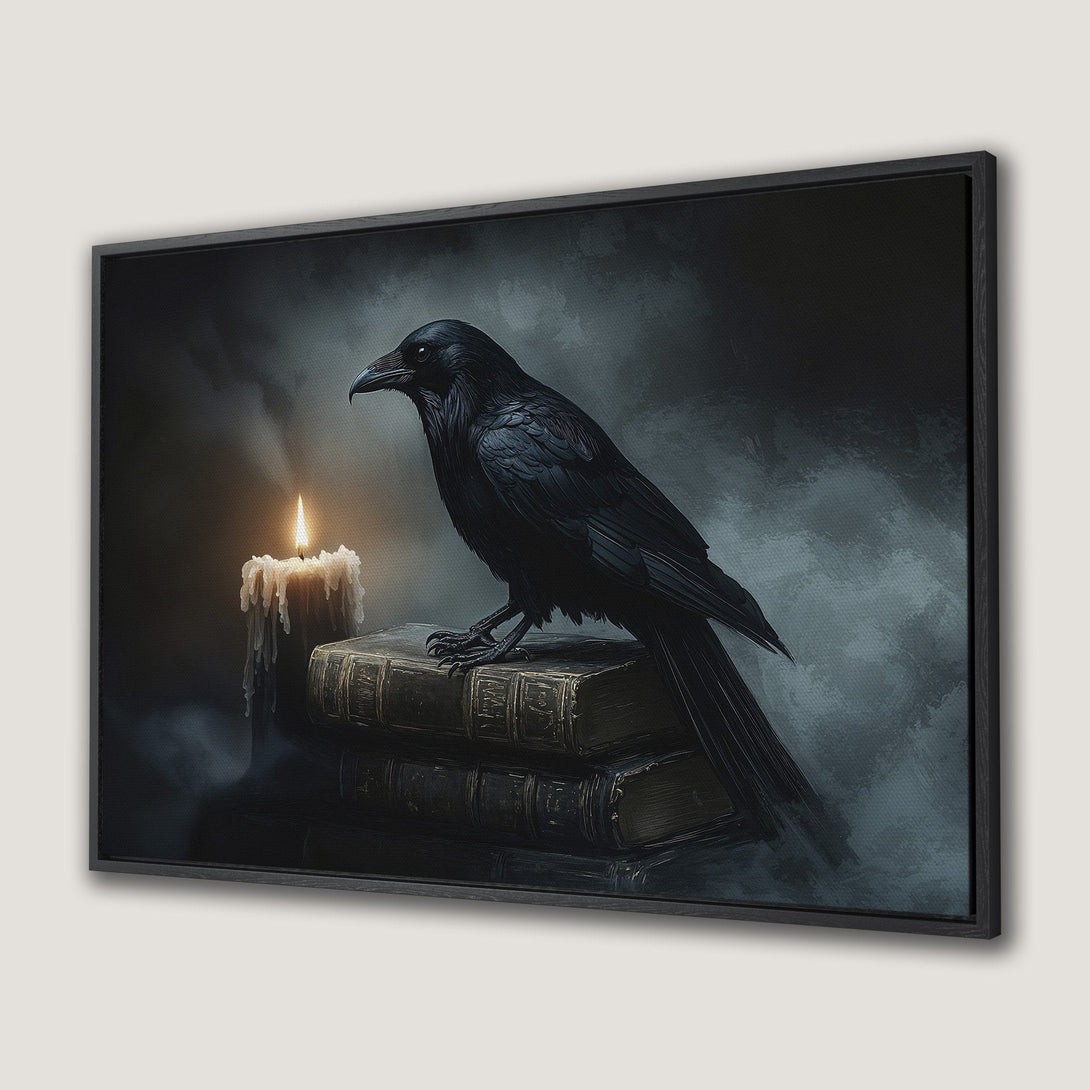 Framed Wall Art: Dark raven perched on books with candle. Gothic style, moody black and gray color palette. Perfect for a unique home decor statement.