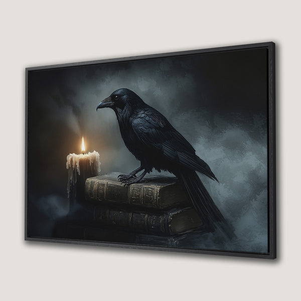 Framed Wall Art: Dark raven perched on books with candle. Gothic style, moody black and gray color palette. Perfect for a unique home decor statement.