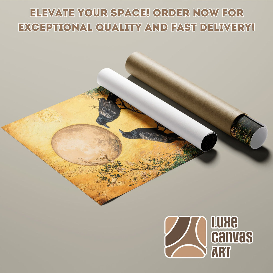 Poster Roll featuring crows and moon, vintage style art, warm gold color palette. Order now!