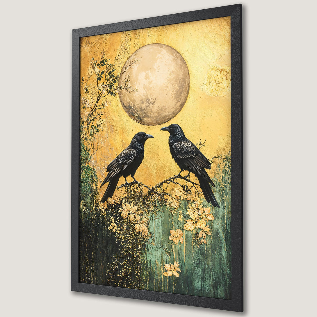 Framed Poster featuring two crows on a branch, with a full moon. Artistic style, gold, black, and green color palette. Perfect wall art.