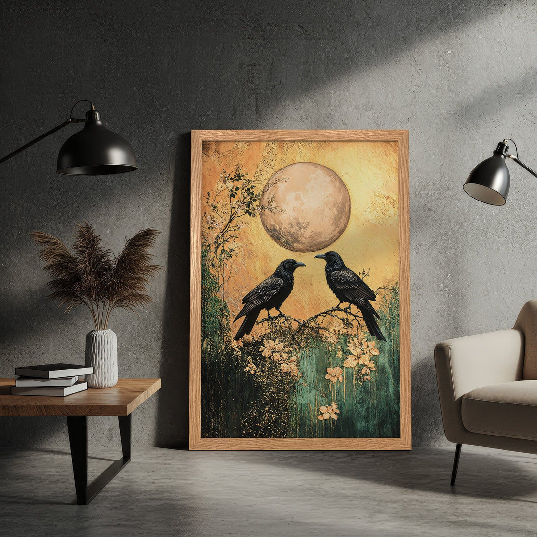 Framed Poster featuring two ravens, full moon, and floral details. Earthy tones with a touch of gold. Perfect for home decor.