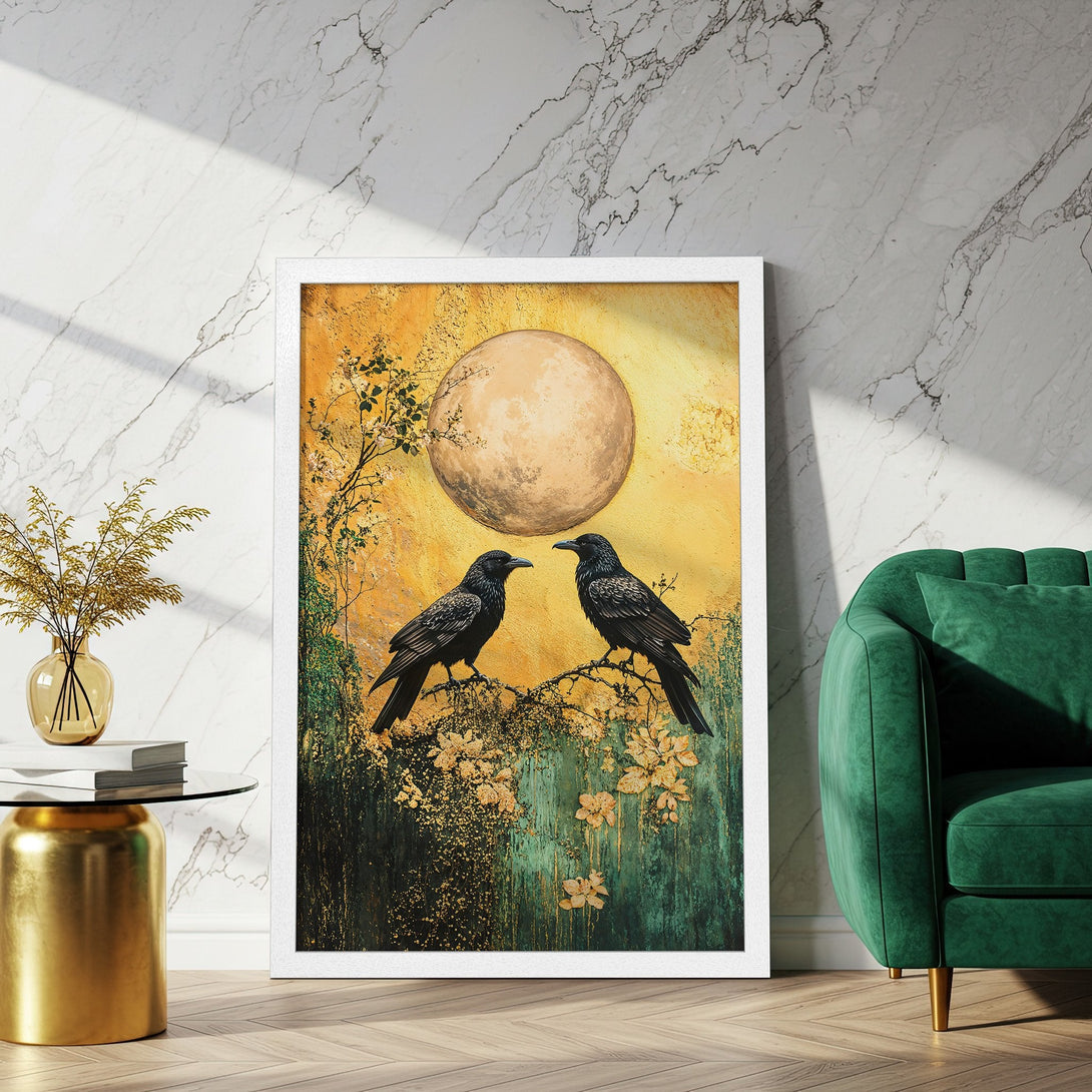Framed Poster featuring two black crows on a branch with a full moon. Artistic style with a warm yellow, green, and black color palette. Perfect wall art.