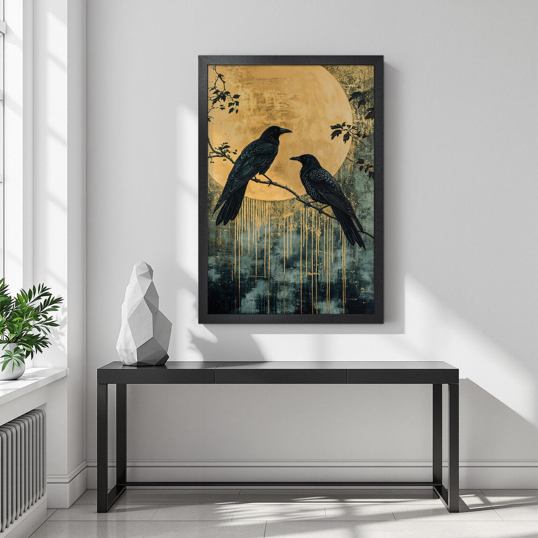 Framed Poster featuring two crows on a branch against a golden moon. Artistic style with a moody, dark color palette. Perfect wall art!
