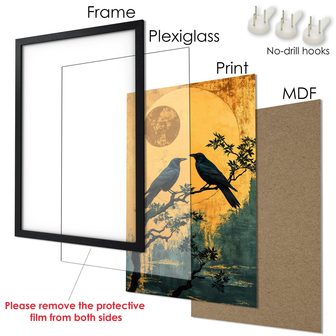 Framed Poster featuring crows on a branch, with a warm yellow and teal color palette. Perfect wall art for any room!