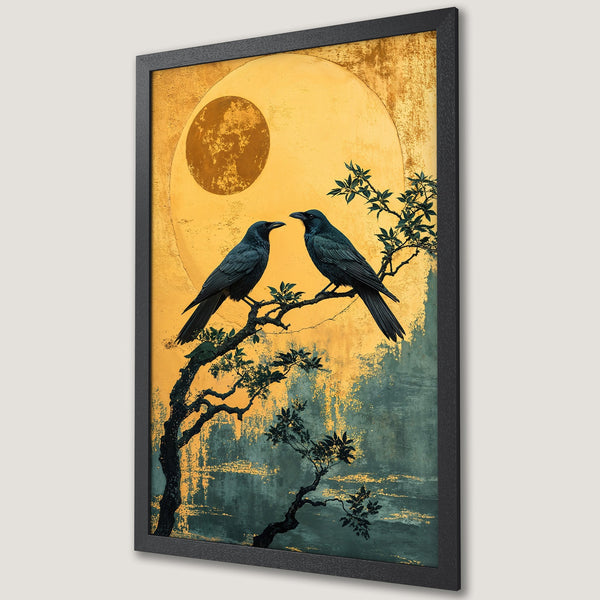 Framed Poster featuring two crows on a tree branch, Japanese style art with gold and teal color palette. Perfect wall decor!