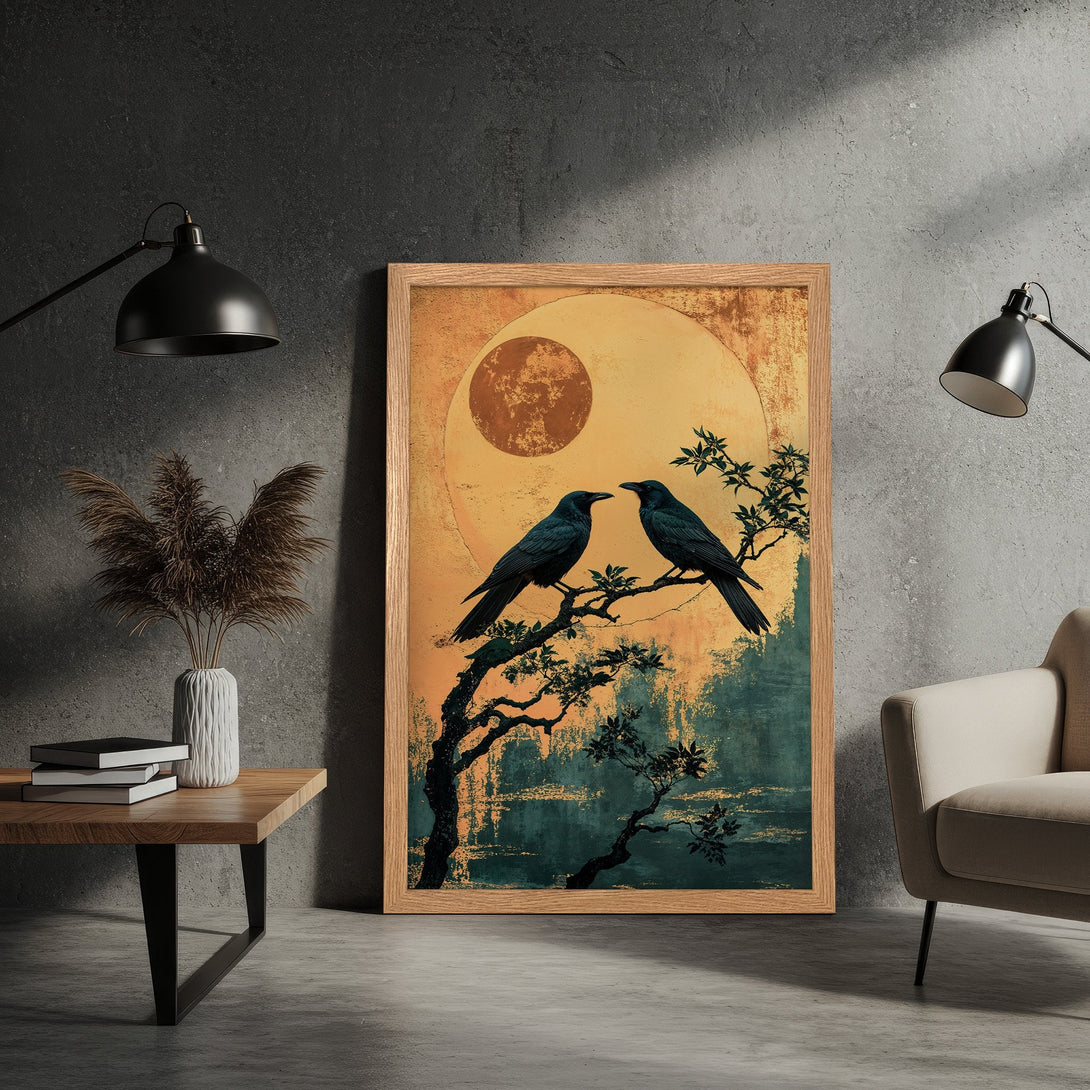 Framed Poster featuring two crows on a branch. Japanese-inspired art with a warm, earthy color palette. Perfect wall decor!