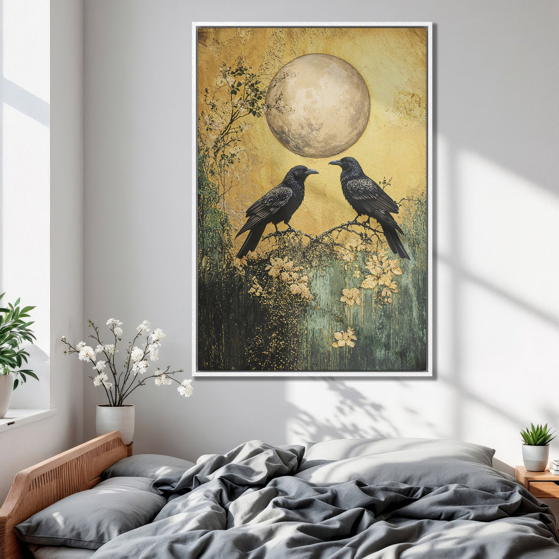 Framed Wall Art: Two crows perched on a branch under a moon, in a gold and green palette. Perfect for adding a touch of nature to your bedroom.