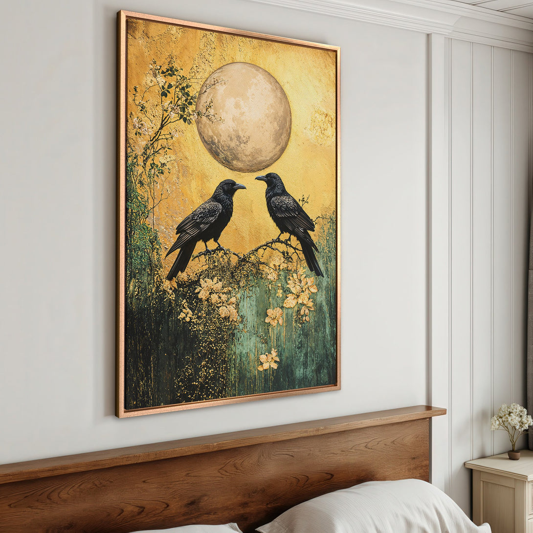 Framed Wall Art: Two ravens perched on a branch against a golden backdrop. Elegant artwork in a warm, earthy palette, perfect for bedroom decor.