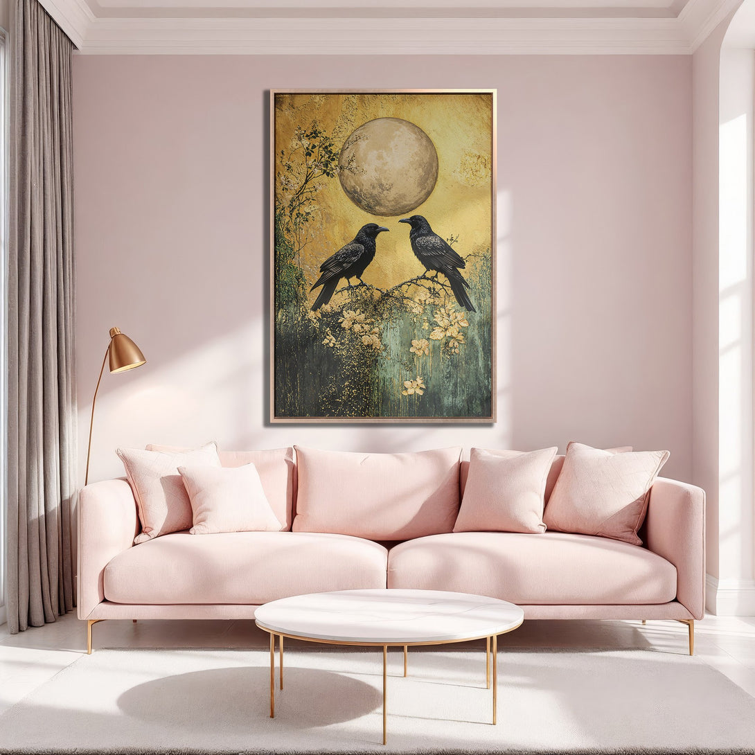 Framed Wall Art featuring two black crows on a branch with a moon, in a gold, green, and black color palette. Perfect for adding a touch of elegance.