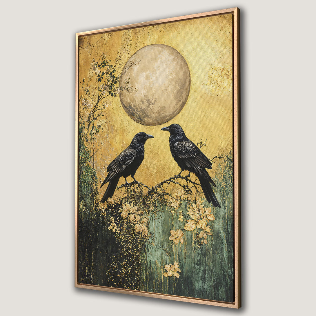 Framed Wall Art: Two black crows on a branch under a moon. Gold, green, and black color palette. Elegant, nature-inspired art for your home.