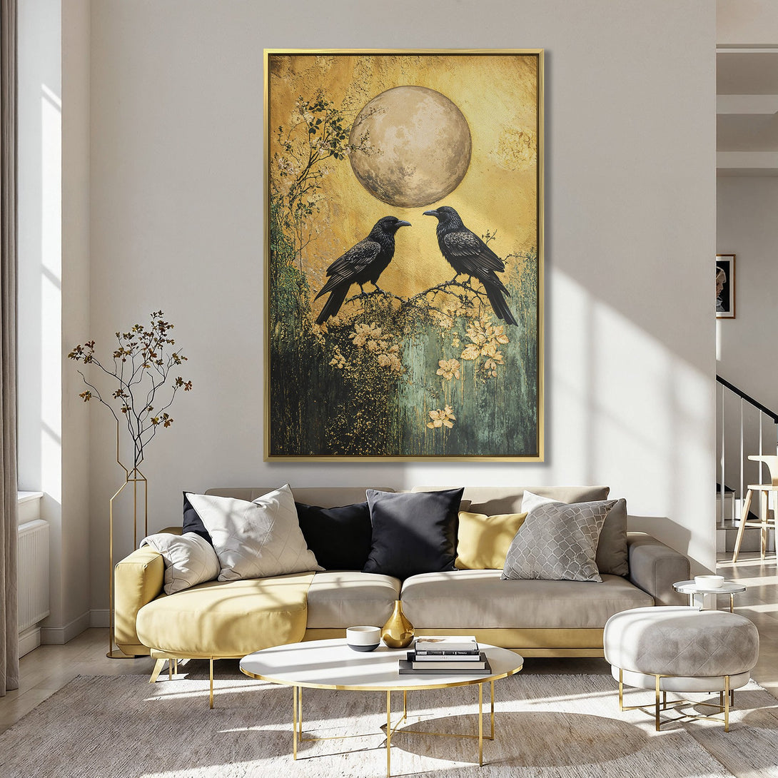 Canvas Print of two ravens perched on a branch, with a full moon, in a vintage style with gold, green, and black tones. Perfect wall art!
