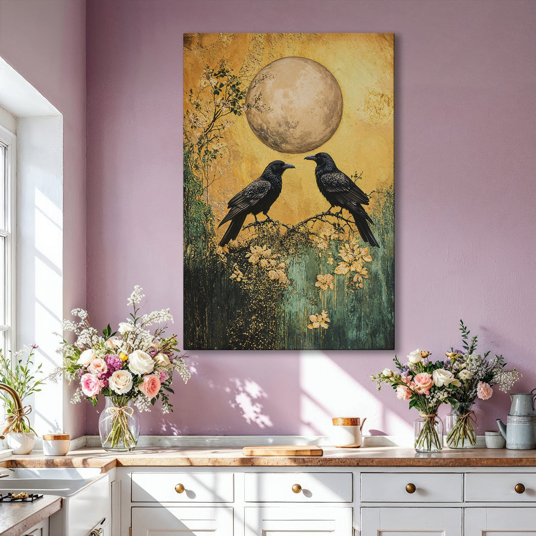 Framed Wall Art: Two black ravens perched on a branch against a gold and green backdrop. Modern art with a touch of nature, perfect for any space.