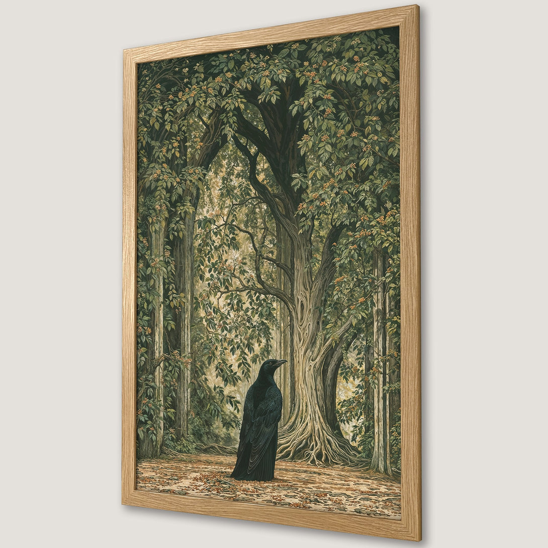 Framed Poster featuring a raven in a forest, showcasing a vintage style with a green and brown color palette. Perfect wall art!