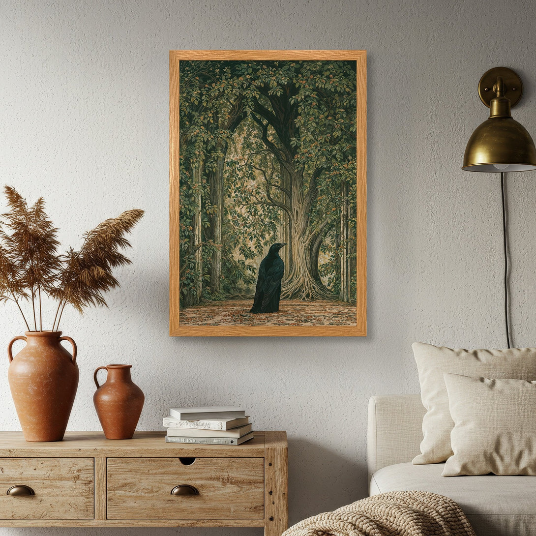 Framed Poster featuring a raven in a forest scene. Dark, moody artwork with green and brown tones. Perfect for adding a touch of mystery to your home.