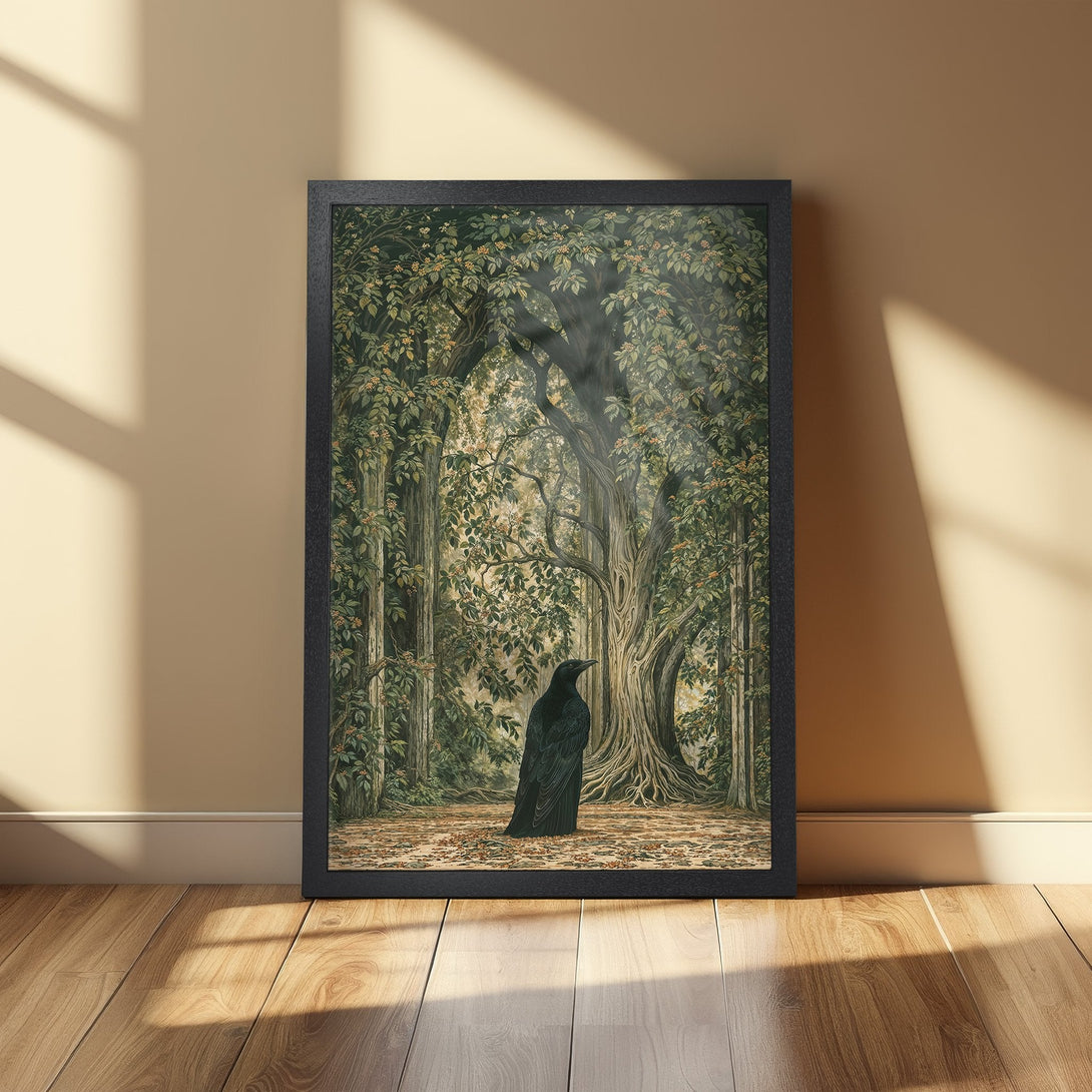 Framed Poster featuring a mystical forest scene with a black raven. Dark green and brown color palette. Perfect wall art for your home.