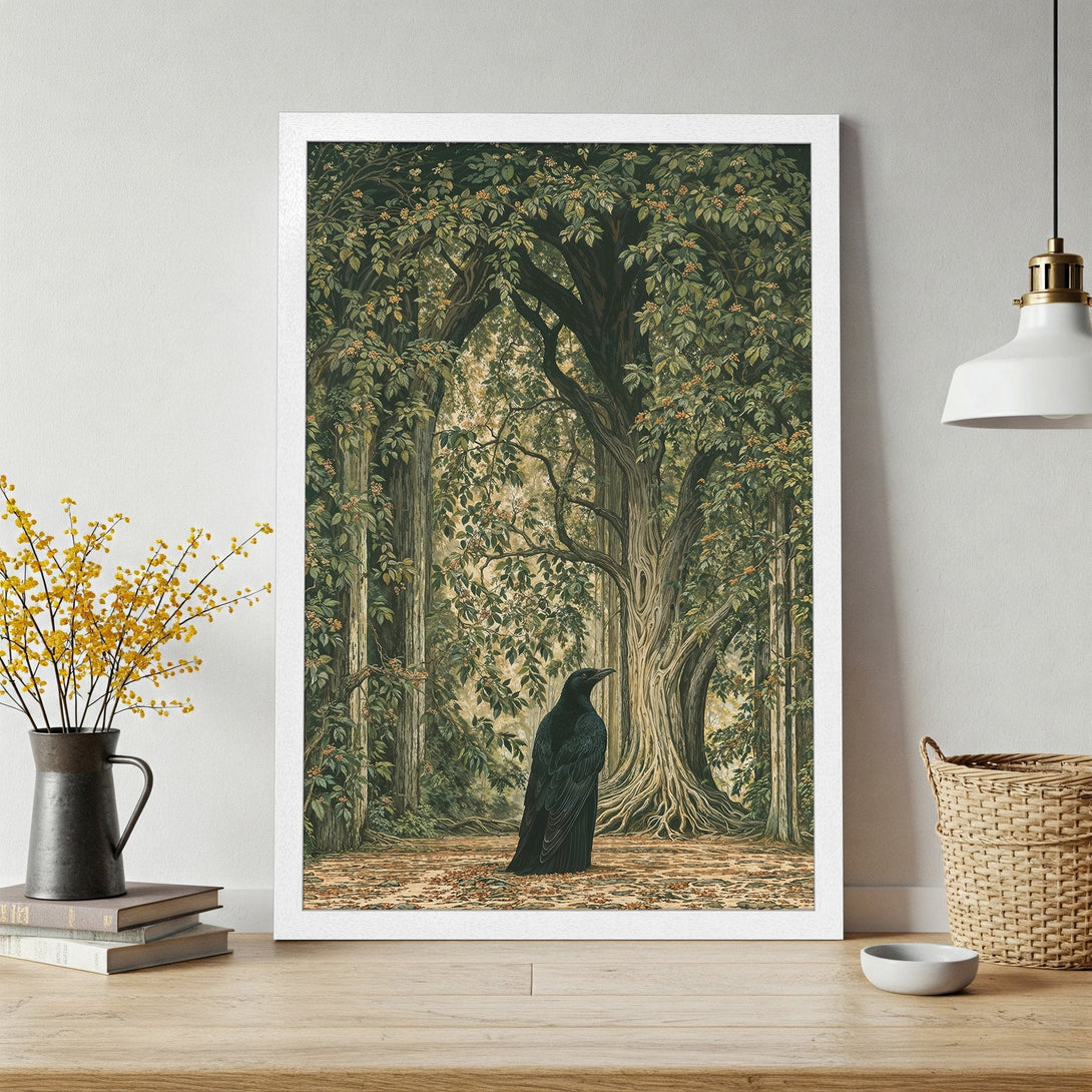Framed Poster featuring a mystical forest scene with a raven. Earthy tones and detailed illustration style. Perfect for adding a touch of nature to your space.
