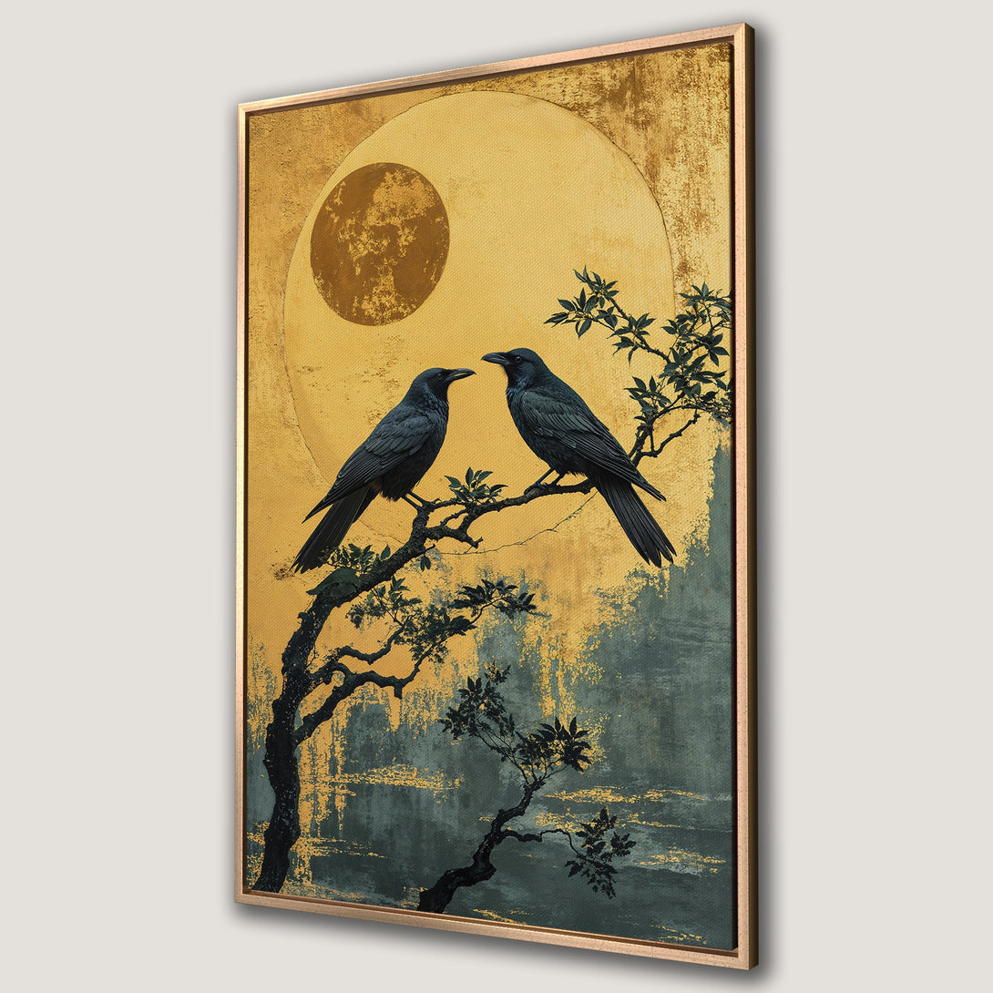 Framed Wall Art featuring two black crows on a branch against a gold and teal background. Japanese-inspired style, perfect for modern decor.