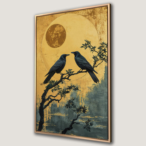 Framed Wall Art featuring two black crows on a branch against a gold and teal background. Japanese-inspired style, perfect for modern decor.