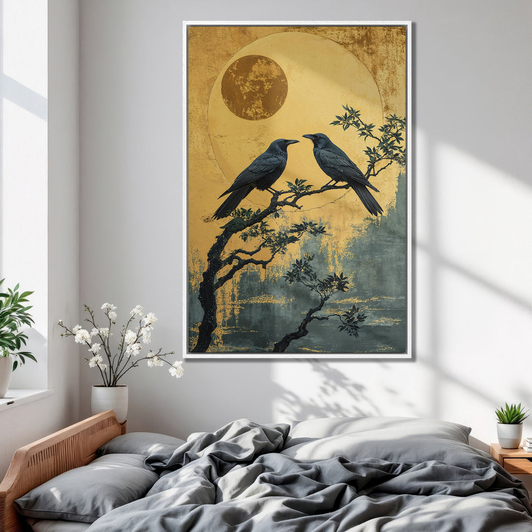 Framed Wall Art: Japanese-inspired Canvas Print featuring two crows on a branch against a gold and teal backdrop. Adds a touch of zen to any space.