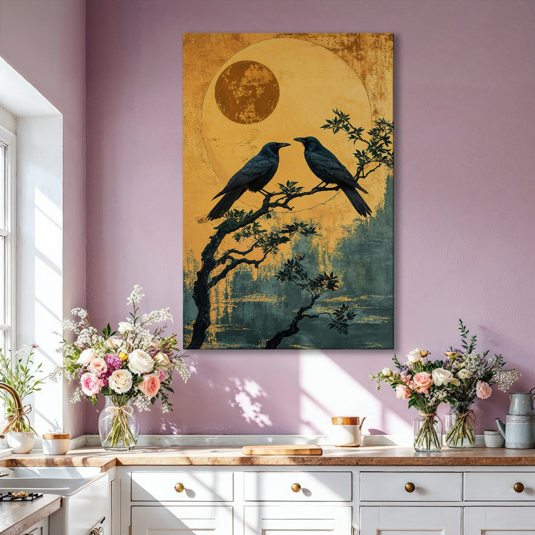Framed Wall Art featuring two crows on a branch, gold and teal abstract background. Modern, elegant Canvas Print, perfect for home decor.