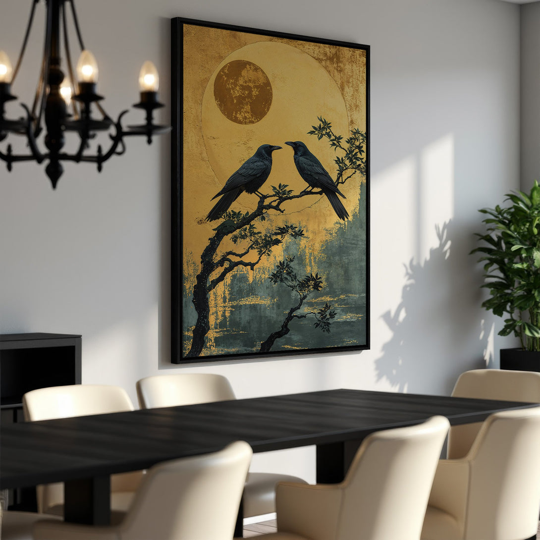 Framed Wall Art featuring two crows on a branch, with a gold and teal color palette. This elegant Canvas Print adds a touch of sophistication to any space.