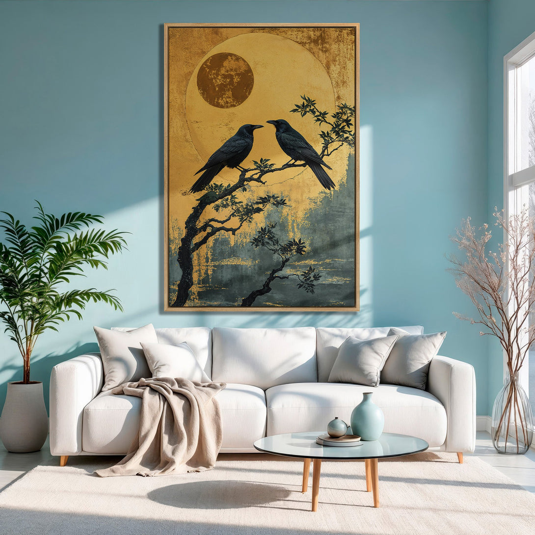 Framed Wall Art: Two black crows on a branch, gold and teal abstract background. Modern Canvas Print in a stylish living room, perfect for home decor.
