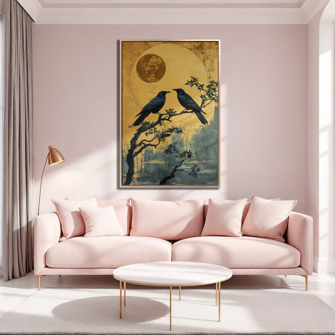 Framed Wall Art featuring two black crows on a branch, with a gold and teal color palette, displayed in a stylish interior setting.
