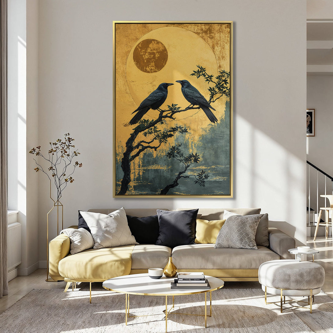 Canvas Print featuring two crows on a branch, with a golden backdrop. Modern art with a muted color palette, perfect for any room.