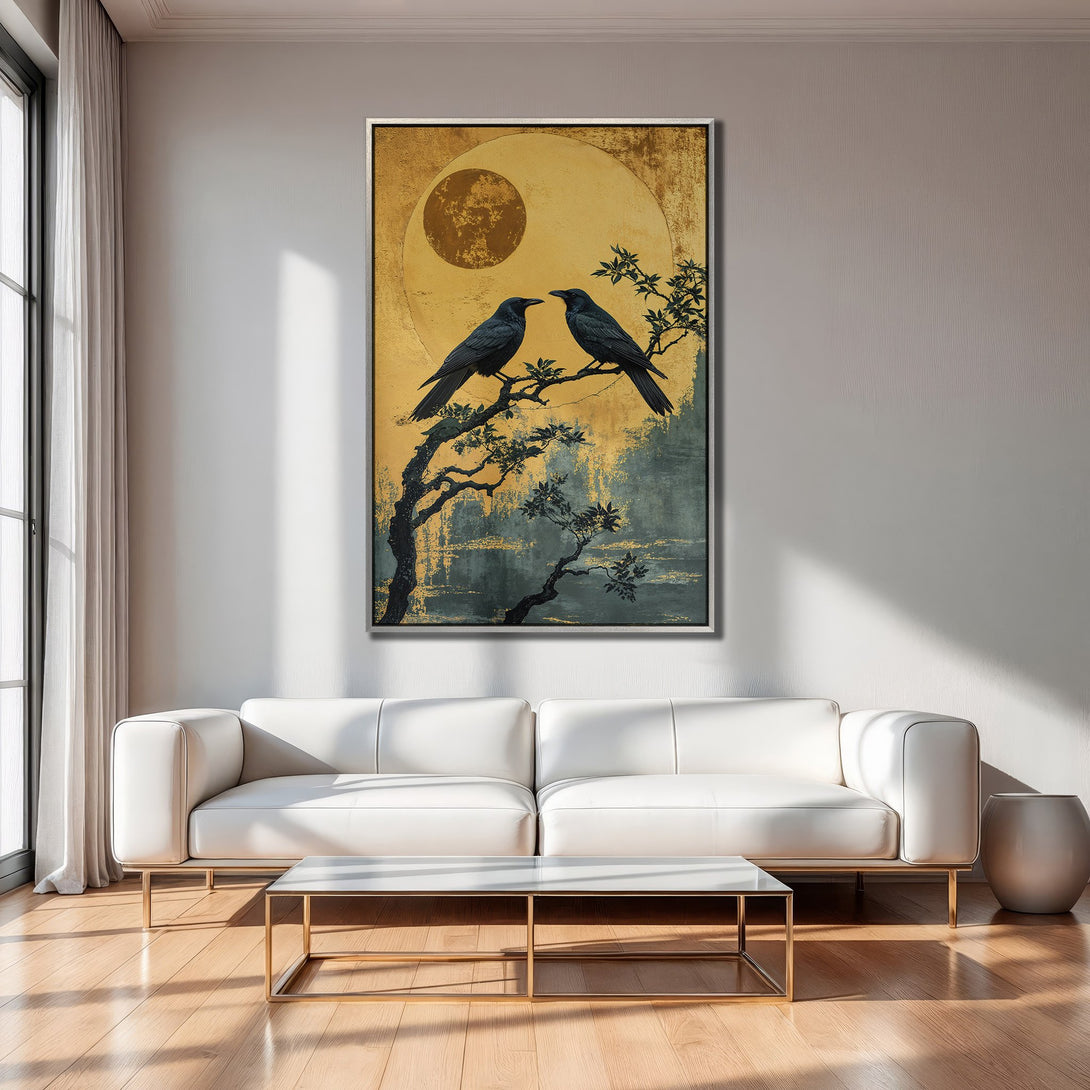 Framed Wall Art: Black crows on a branch, gold and teal abstract art. Modern canvas print for living room decor.
