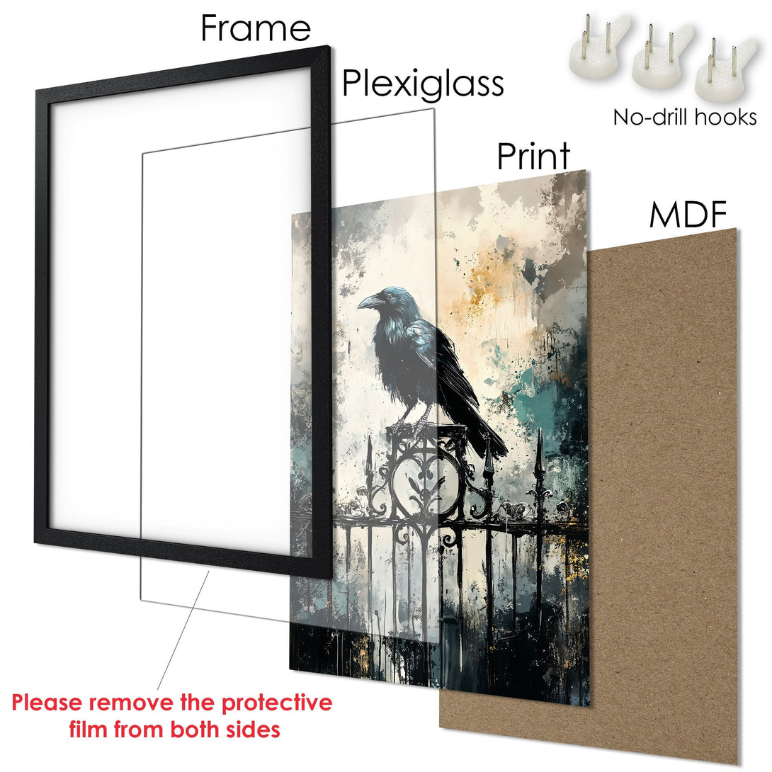 Framed Poster featuring a majestic deer in a dark, elegant style with gold and green hues. Perfect wall art!