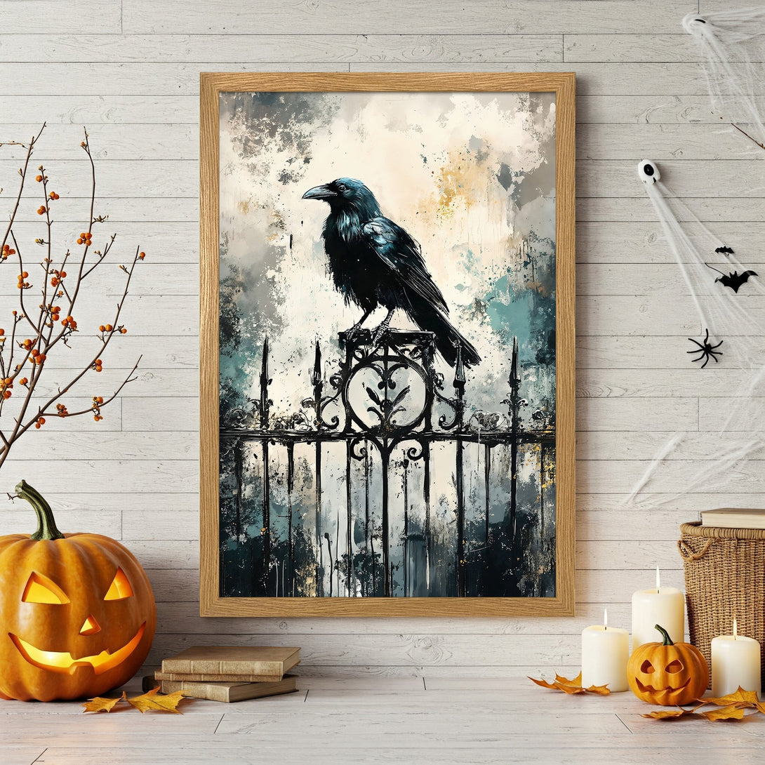 Framed Poster featuring a majestic deer in a dark forest. Artistic style with gold, green, and brown color palette. Perfect wall art!