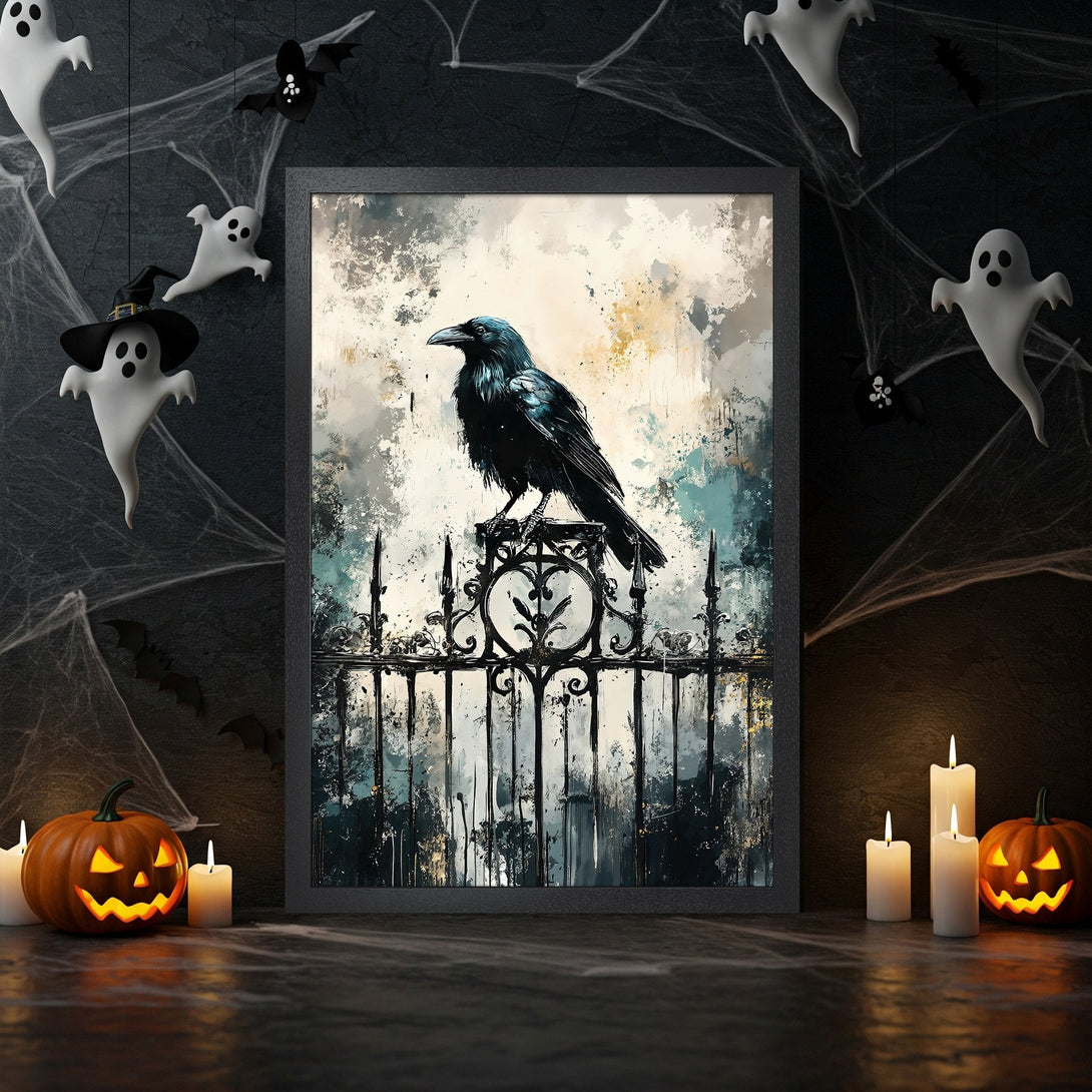 Framed Poster featuring a majestic deer with golden antlers, dark green and brown color palette. Perfect for Halloween decor.