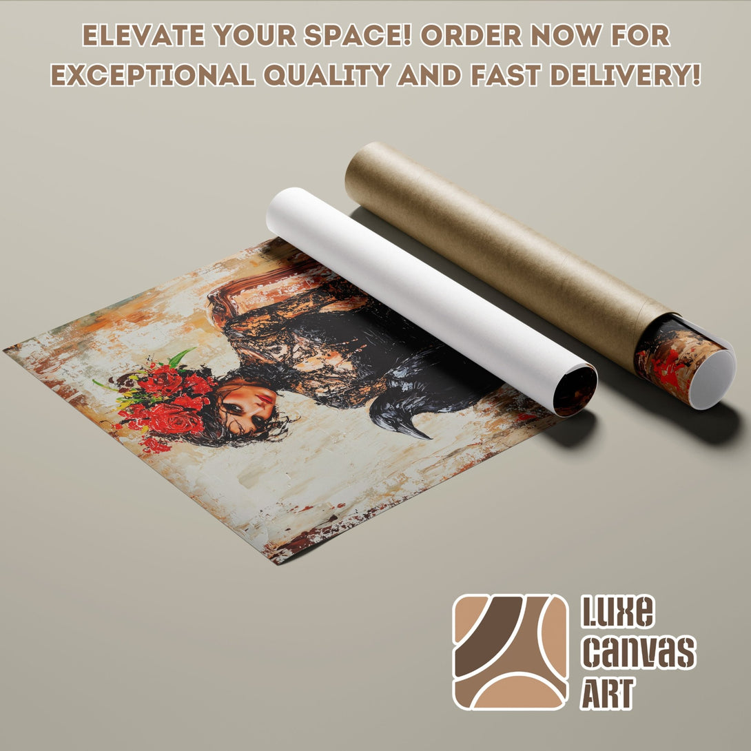 Poster Roll featuring a woman with red roses, abstract style, warm earthy tones. Elevate your space!