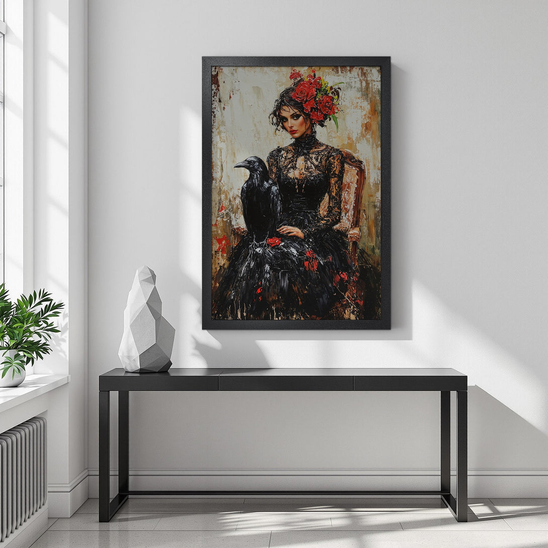 Framed Poster: Woman with Raven, oil painting style, red & black color palette, perfect for home decor.