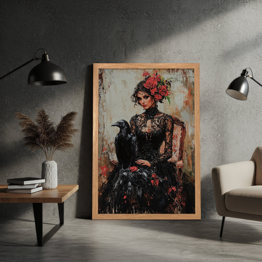 Framed Poster featuring a woman with a raven, gothic style, rich black and red palette. Add a touch of mystery to your space!