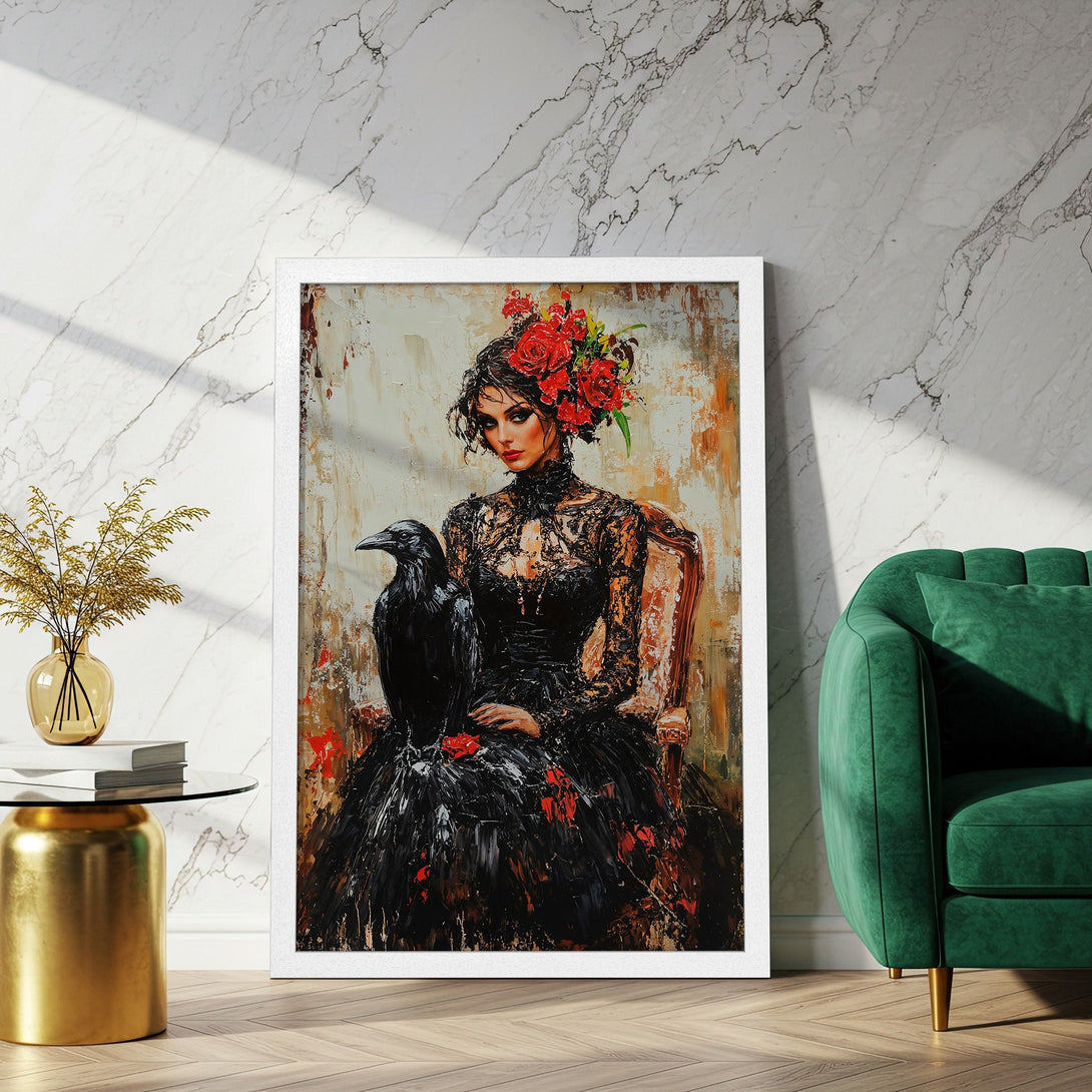 Framed Poster featuring a woman with a raven, painted in a dramatic, impressionistic style with a black, red, and cream color palette.