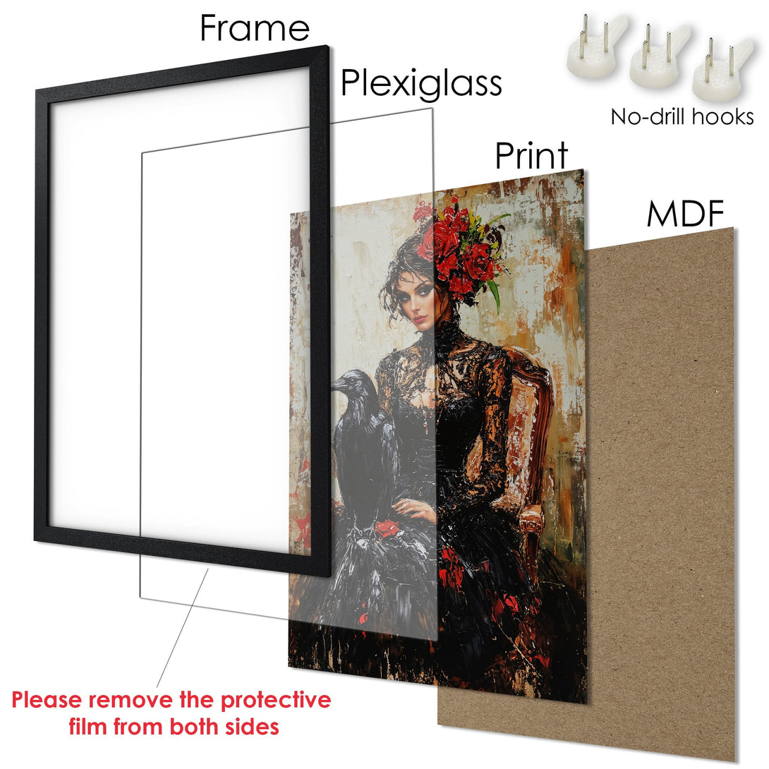 Framed Poster featuring a gothic woman with a raven, in a black frame. The art style is painterly with a warm, earthy color palette.