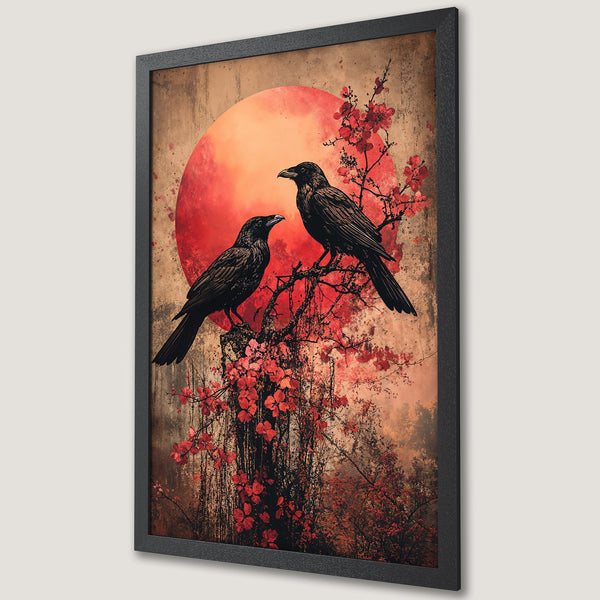 Framed Poster featuring two ravens on a branch with a red sun, in a vintage style with a warm red and brown color palette.