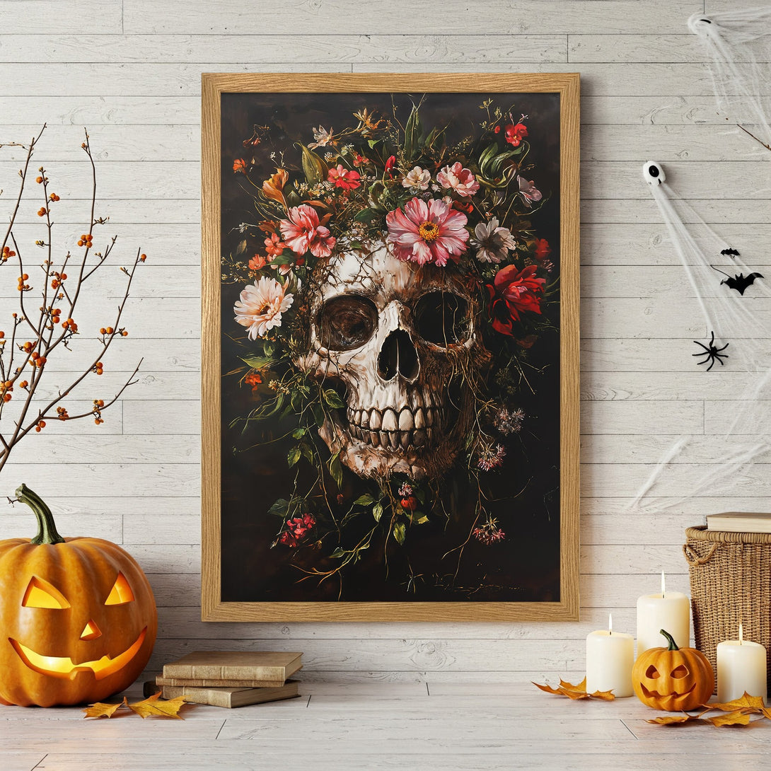 Framed Poster featuring a skull with floral crown, dark and moody style, with a warm color palette. Perfect Halloween decor.