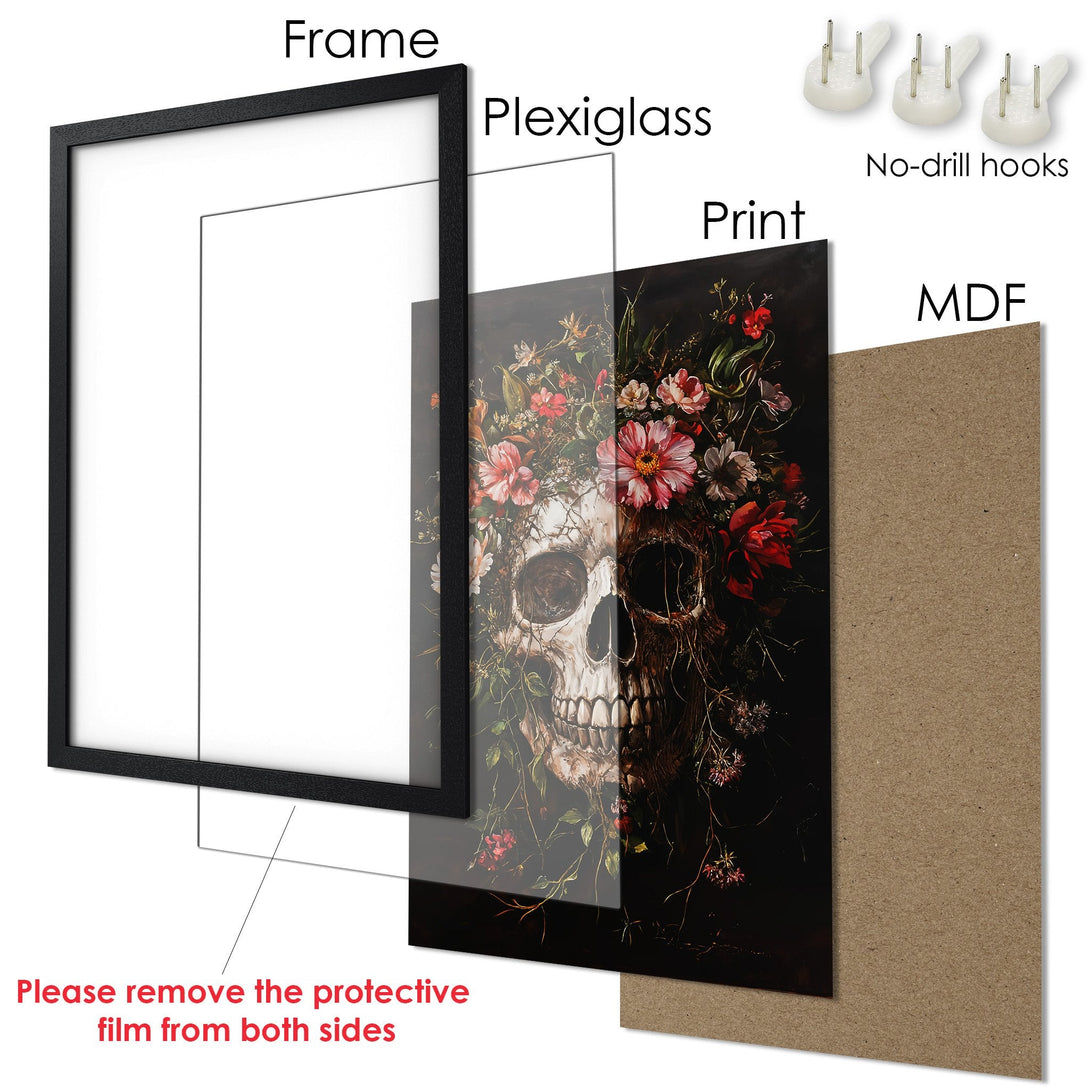 Framed Poster featuring a skull with floral art in a dark color palette, perfect for adding a unique touch to your decor.