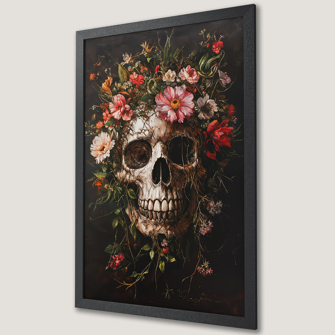 Framed Poster featuring a skull with floral crown, dark and moody style, rich red, pink, and green palette. Perfect gothic decor.