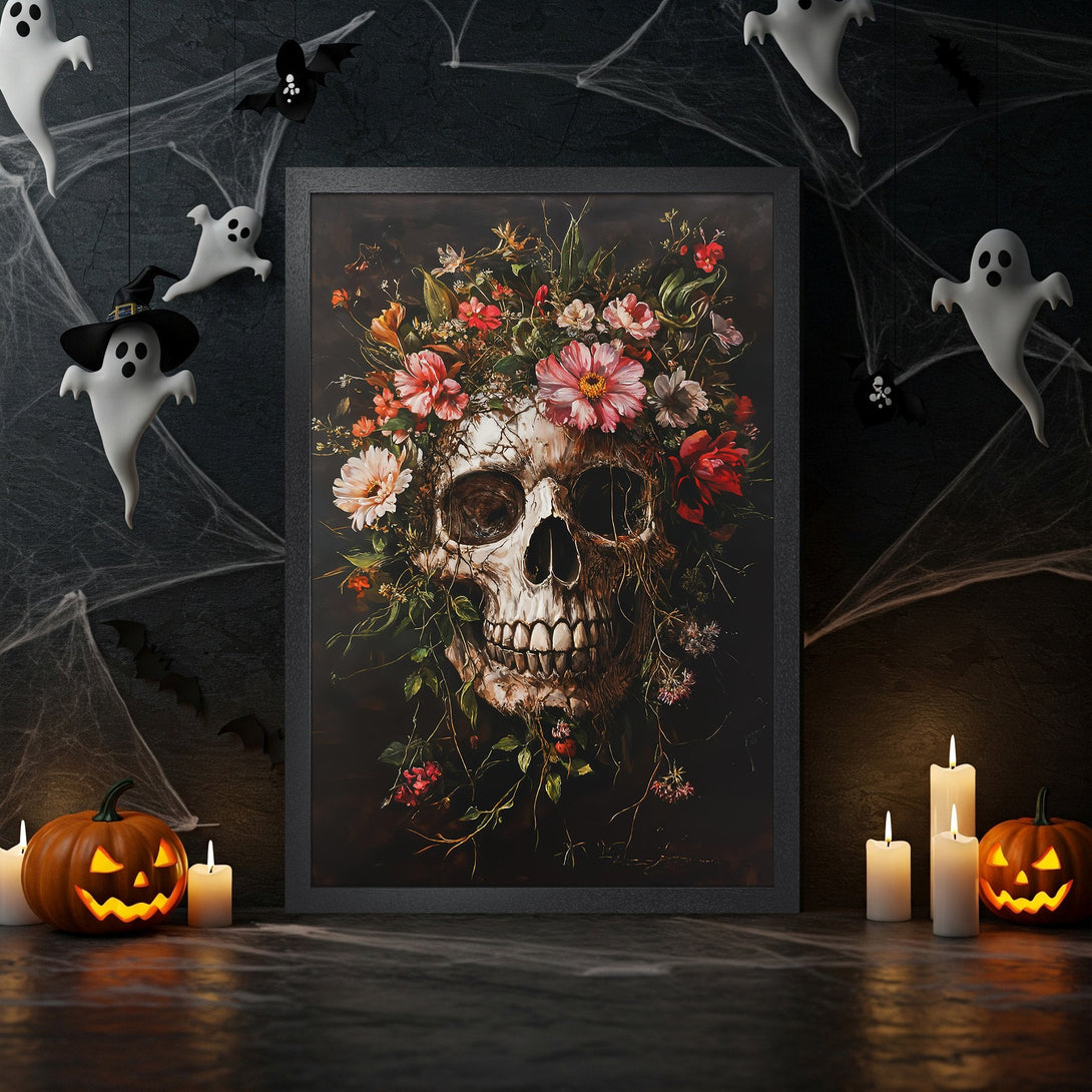 Framed Poster featuring a floral skull art print. Dark, gothic style with a moody, autumnal color palette. Perfect Halloween decor!