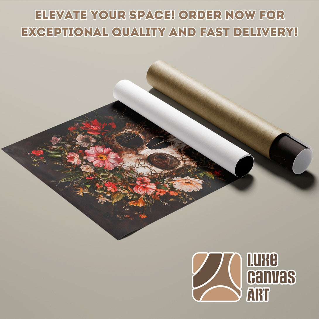 Poster Roll featuring a floral skull design, dark and moody style with red, pink, and brown tones.