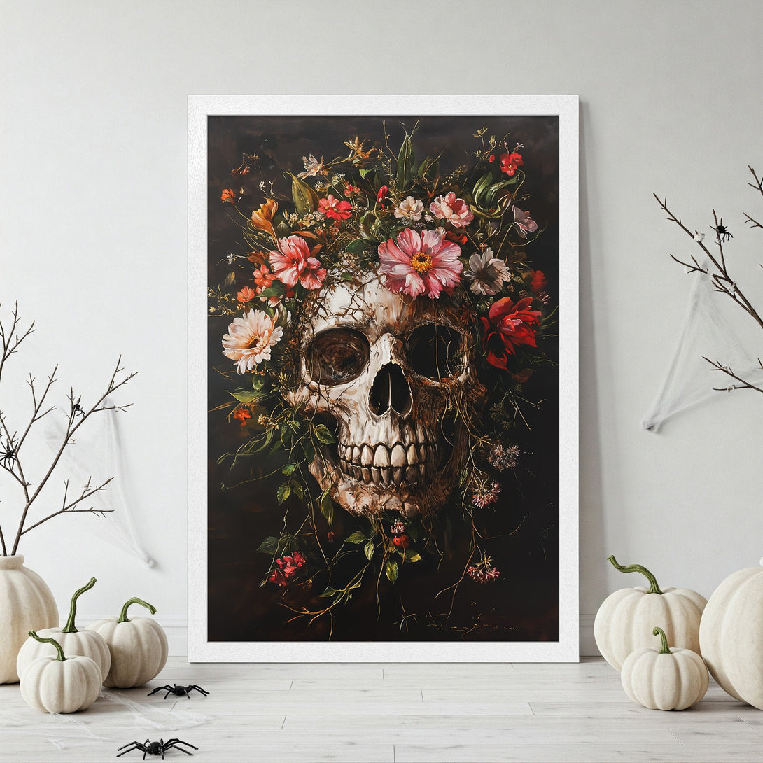 Framed Poster featuring a skull with floral crown, dark & moody style. Perfect Halloween decor with a vintage color palette.