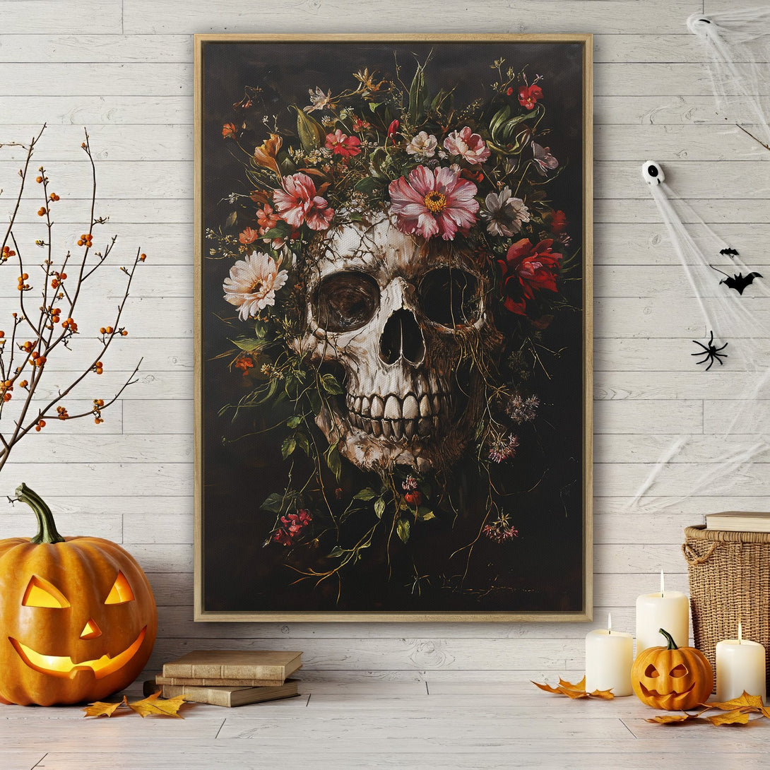 Framed Wall Art: Gothic skull with floral crown. Dark, moody color palette. Perfect Halloween decor for a unique, artistic touch.