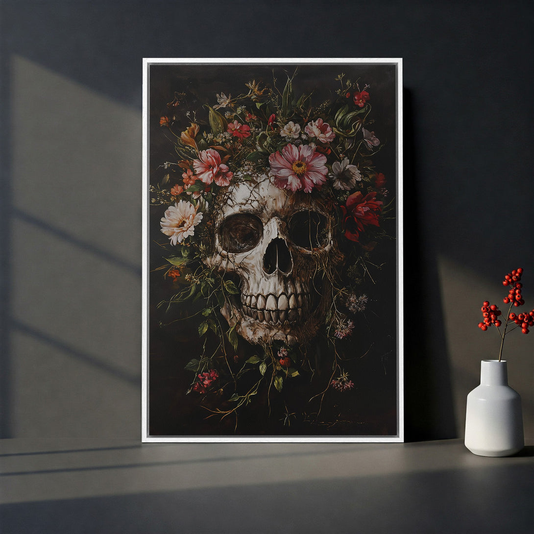 Framed Wall Art: Dark, gothic Canvas Print featuring a skull adorned with flowers. Moody, vintage style with a dark, rich color palette. Perfect for unique home decor.
