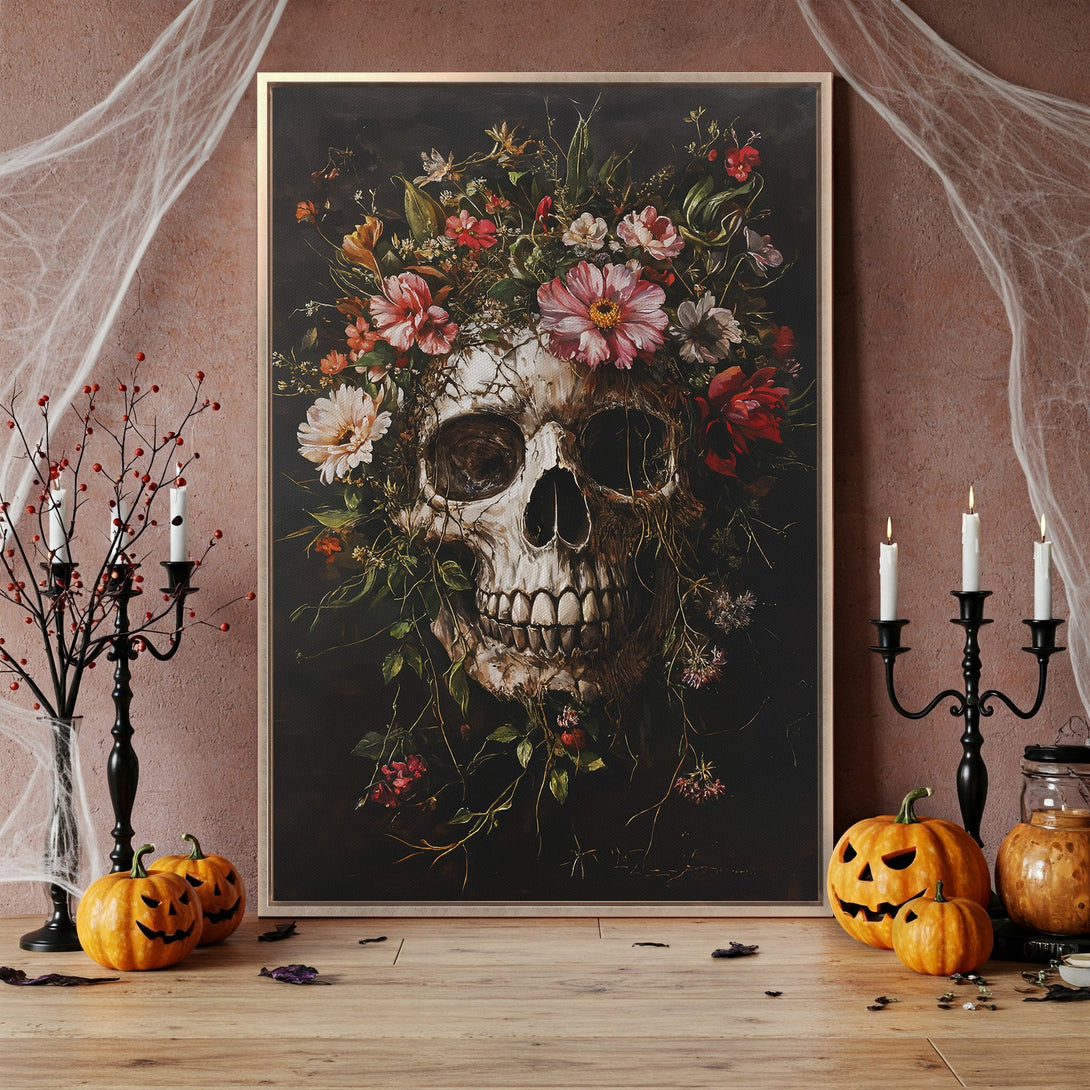 Framed Wall Art featuring a skull with floral crown. Dark, moody aesthetic with a vintage style. Rich color palette of red, pink, and green on a black background.