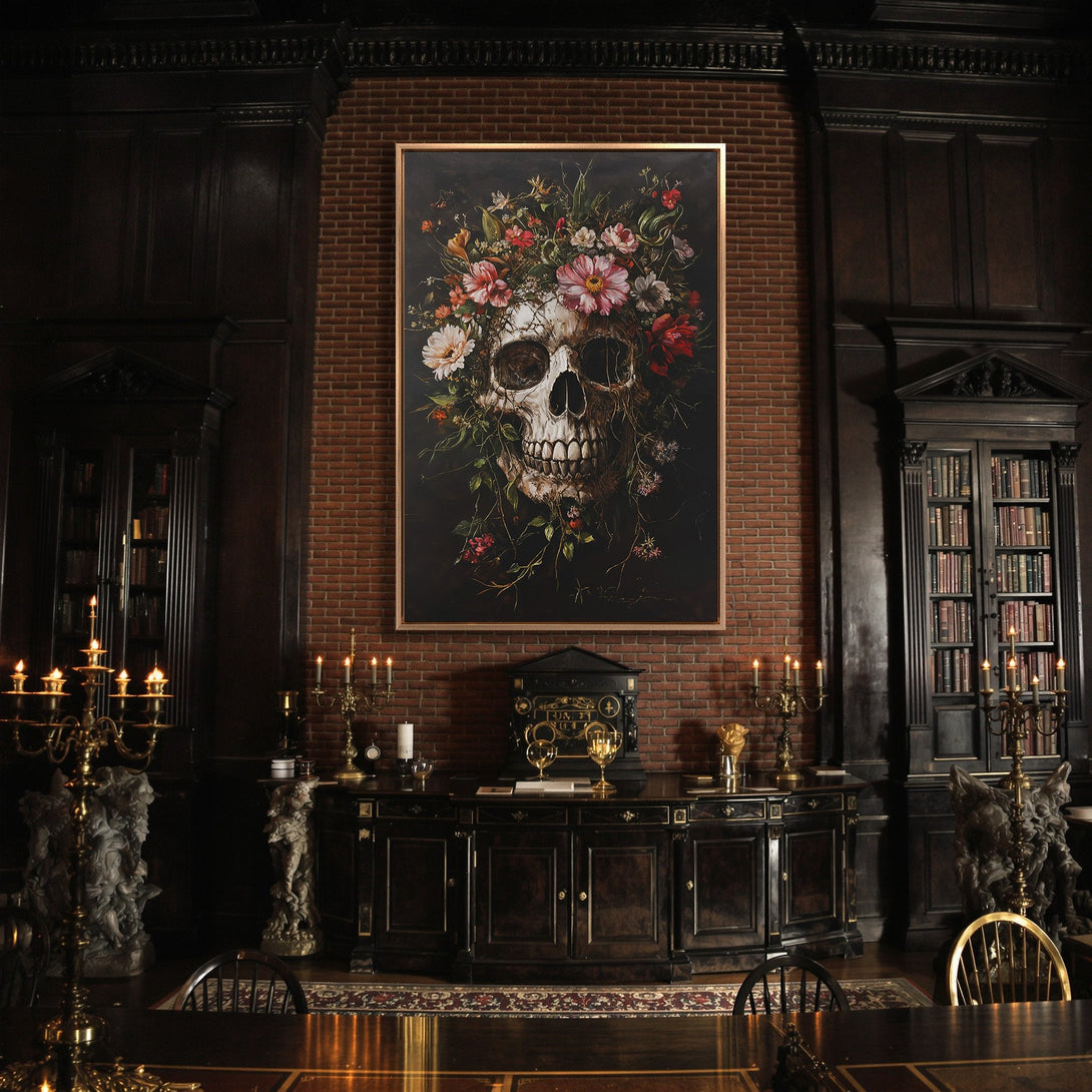 Framed Wall Art featuring a skull adorned with flowers, in a dark, gothic interior. Rich, moody color palette with red, black, and cream tones.