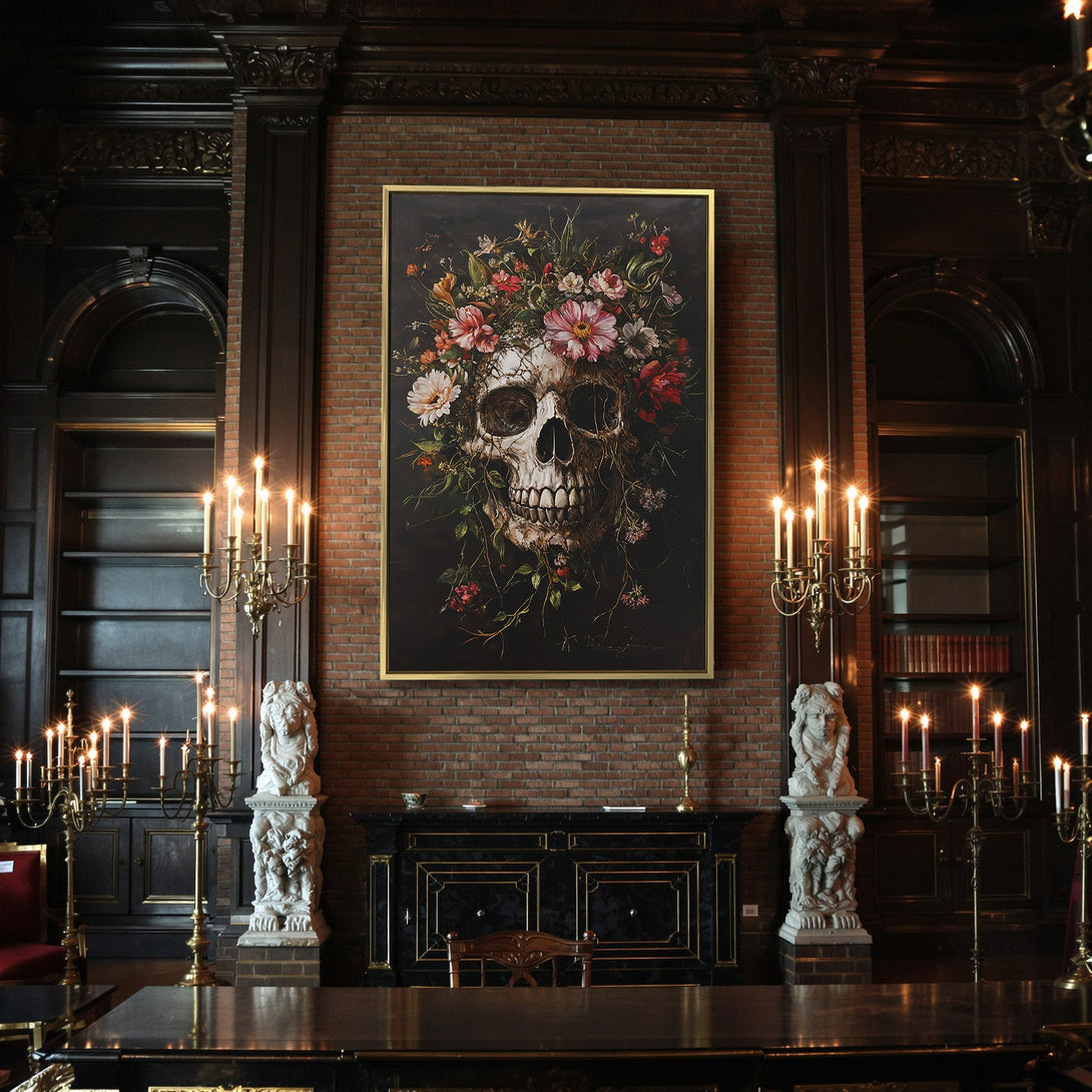 Canvas Print of a skull with flowers. Dark, gothic style wall art in a moody, autumnal color palette. Perfect for Halloween decor.