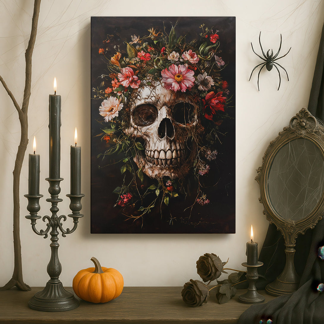 Framed Wall Art: Dramatic skull with floral crown, gothic style, dark & moody color palette, perfect for a statement piece.